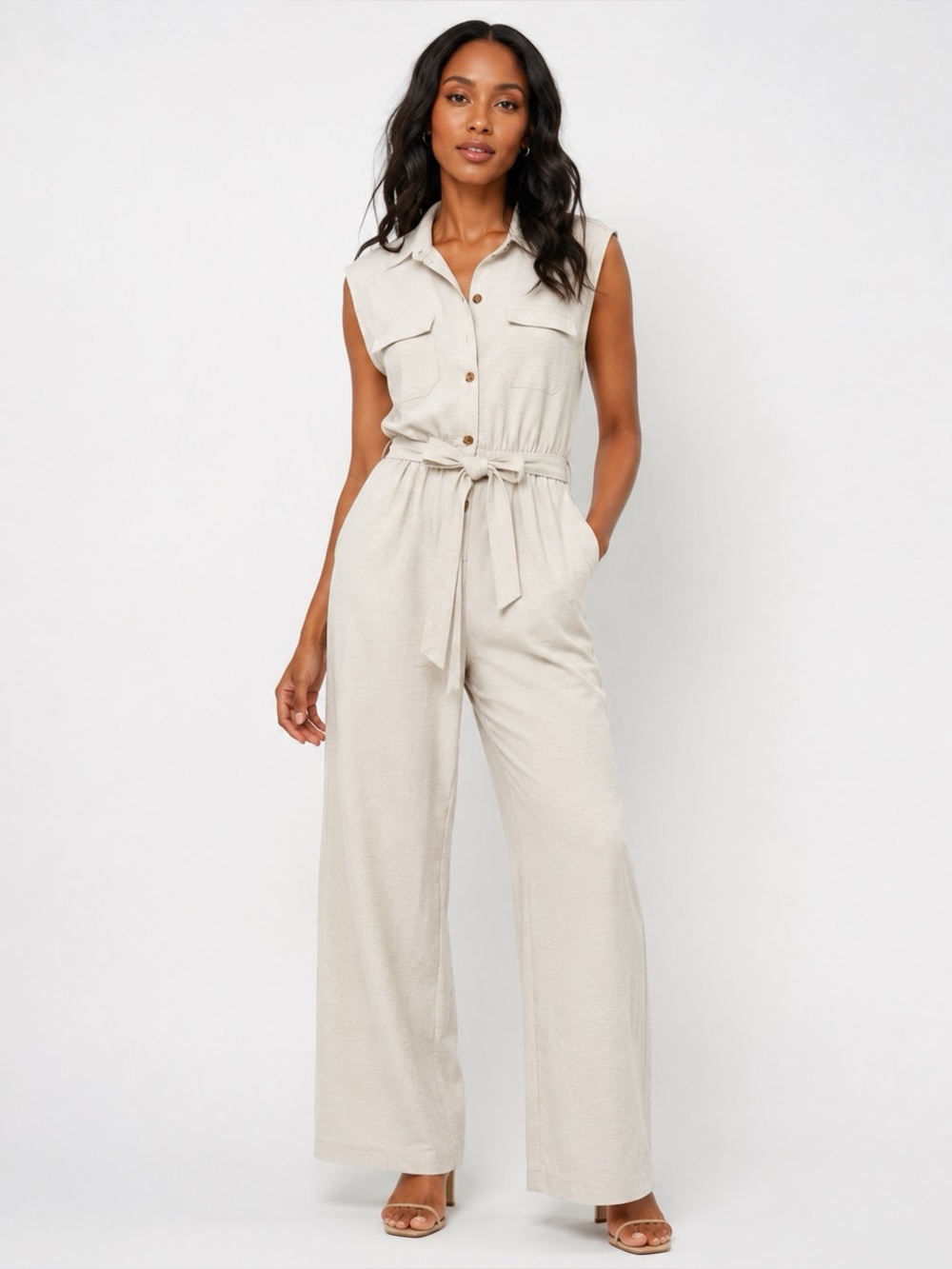 Calvin Klein sleeveless Beige Button-Front Jumpsuit with Waist Tie Sz 8 Wide Leg